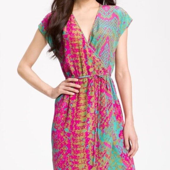 Presley Skye Silk Faux Wrap Tulip Hem Dress Women's Small Pink Teal Cap Sleeve - Picture 1 of 2